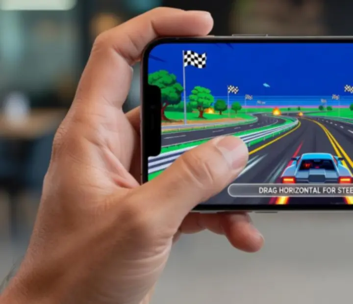 Mobil kijelzőt fogó kéz, érintéses kormányzással és gyorsítással a Retro Road Racer játékban