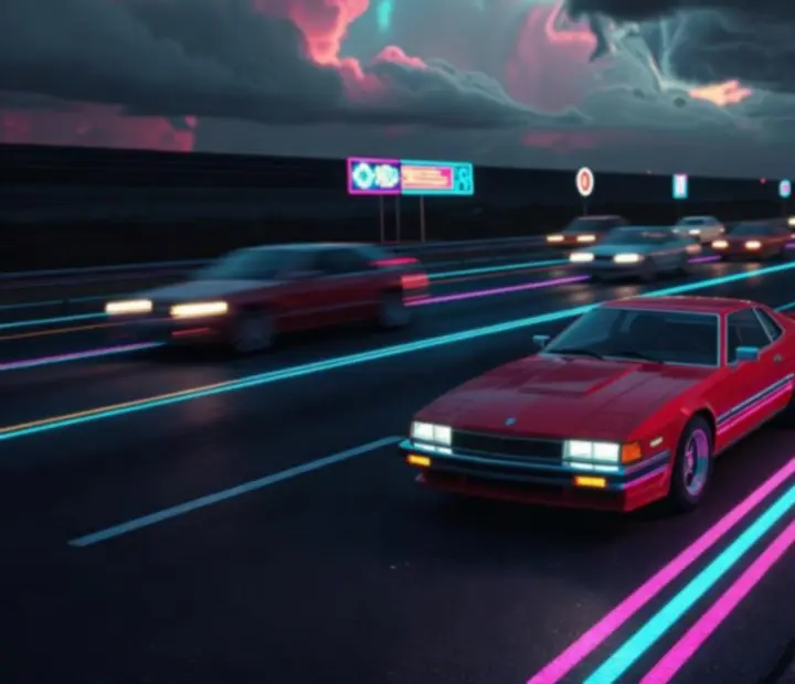 Retro Road Racer GYIK illusztráció – végtelen országút, retro autó és neon fénycsíkok