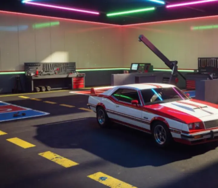 Retro Road Racer garázs áttekintés – autók sorakoznak a sötét, 3D-s ihletésű padlón