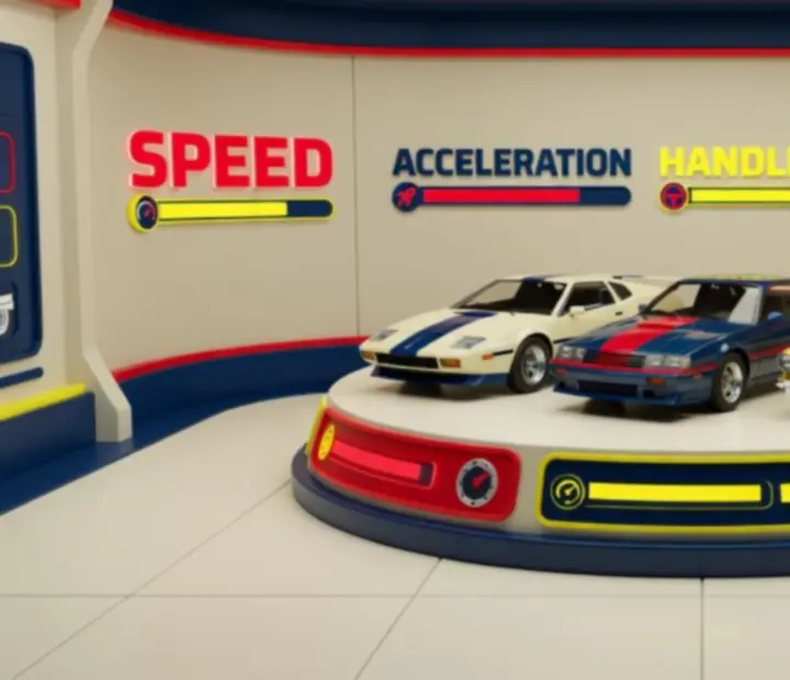 Retro Road Racer garázs – autóválasztó panel és tuning opciók