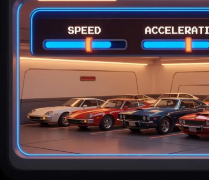 Retro Road Racer garázs nézete, autómodellek és fejlesztési lehetőségek