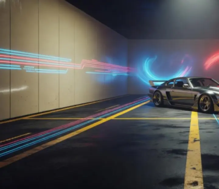 Látványos, 3D-s inspirációjú garázs környezet a Retro Road Racerben