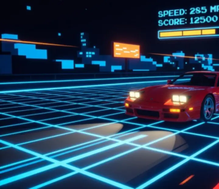 Retro arcade hangulatú, neonfényes országút és autó a Retro Road Racer játékból