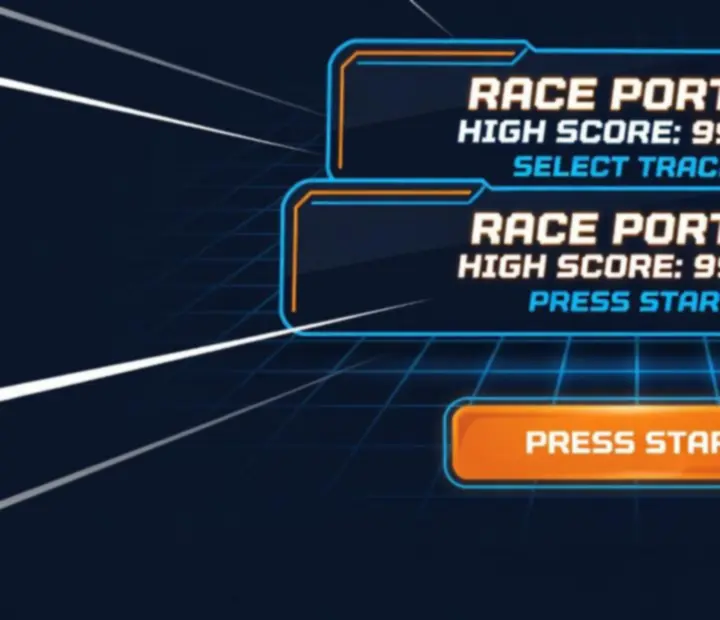 Retro arcade UI részletek – 3D gombok, sebességvonalak és scoreboard