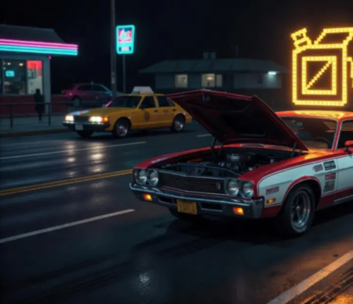 Grafikus illusztráció a Retro Road Racer üzemanyag-mentő rendszeréhez, kiemelve az üres tank és a folytatás lehetőségét.